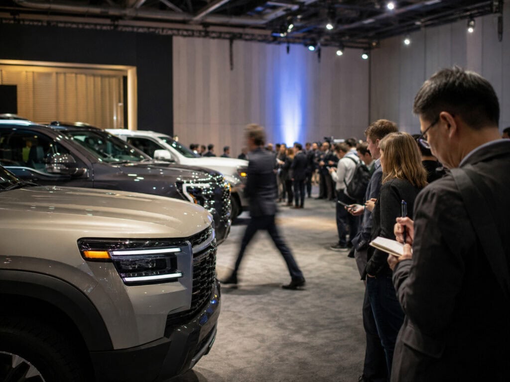 New SUVs and pickup trucks on display to journalists at a Stellantis automotive investor event