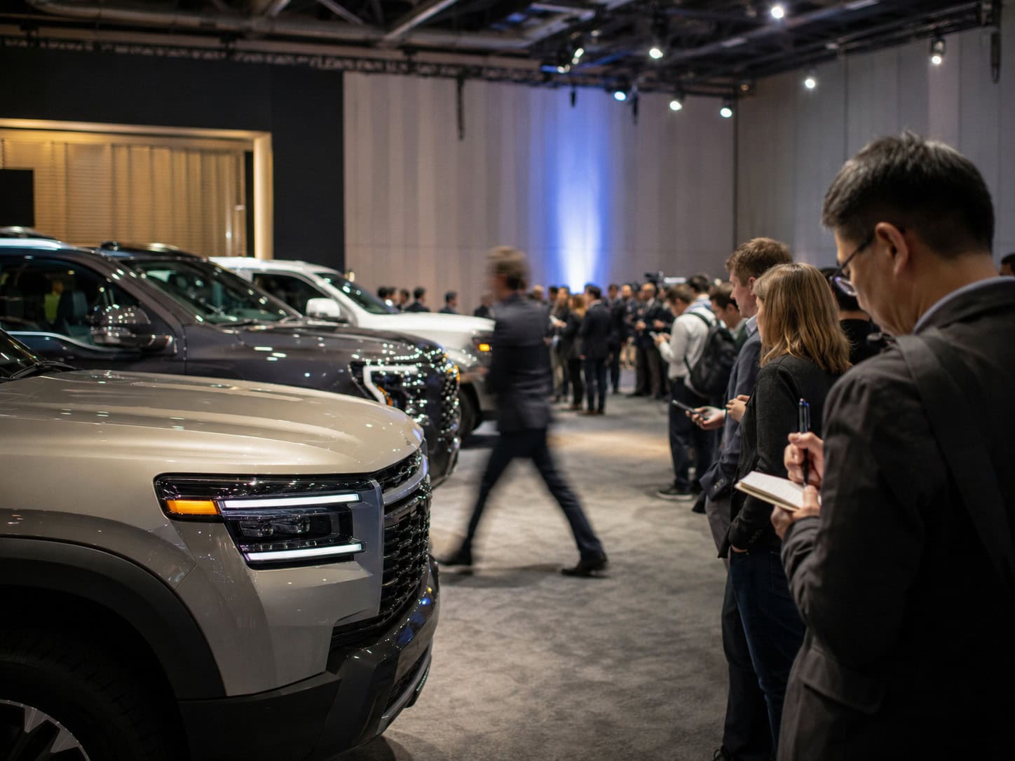 New SUVs and pickup trucks on display to journalists at a Stellantis automotive investor event
