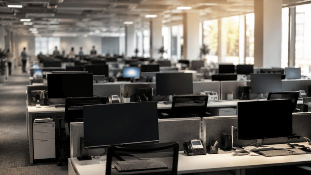 Wide view of a modern open-plan office with rows of identical workstations and glowing monitors stretching into the distance.
