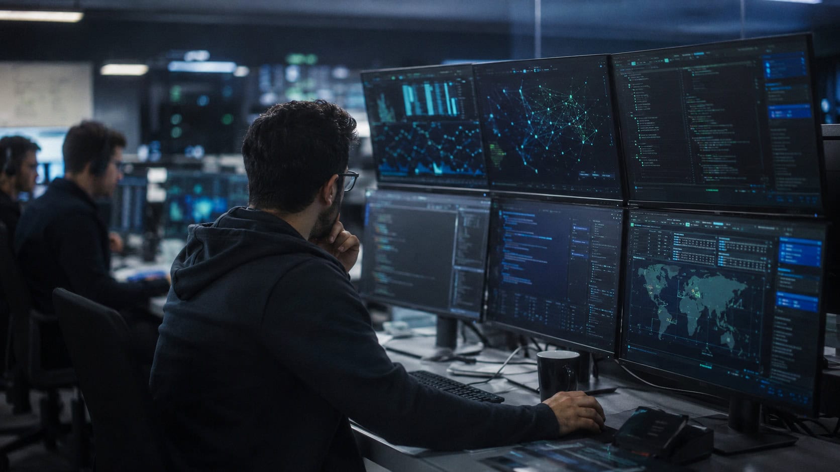 A cybersecurity engineer monitors code and network activity on multiple glowing screens in a dimly lit corporate security operations center.