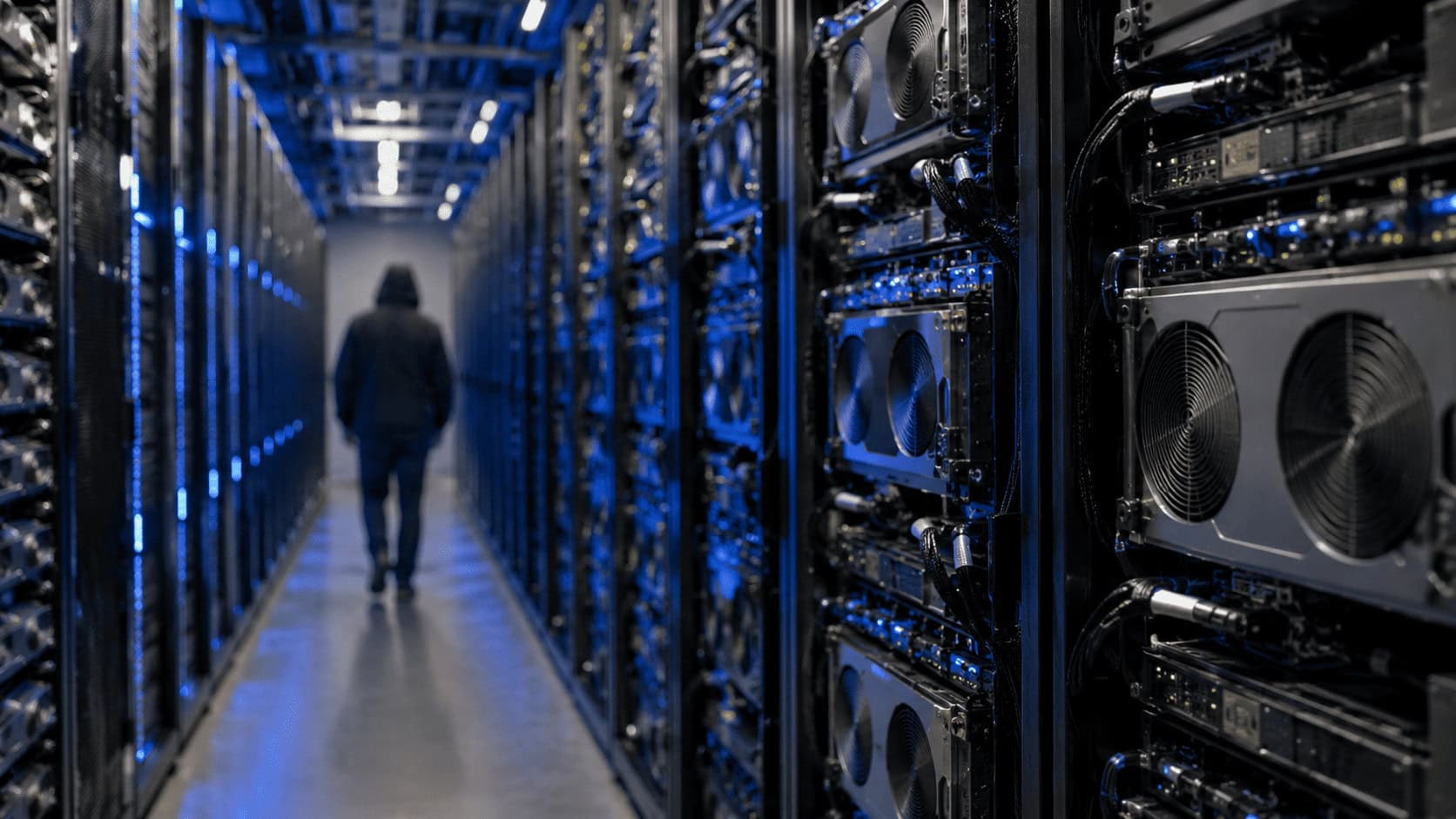 Wide interior view of a modern data center server aisle with rows of black GPU racks and a single engineer walking away from the camera in the background.