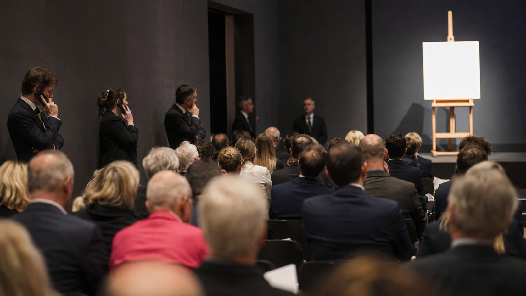 Rows of bidders seated in an auction house evening sale room while staff members along the wall take phone bids.