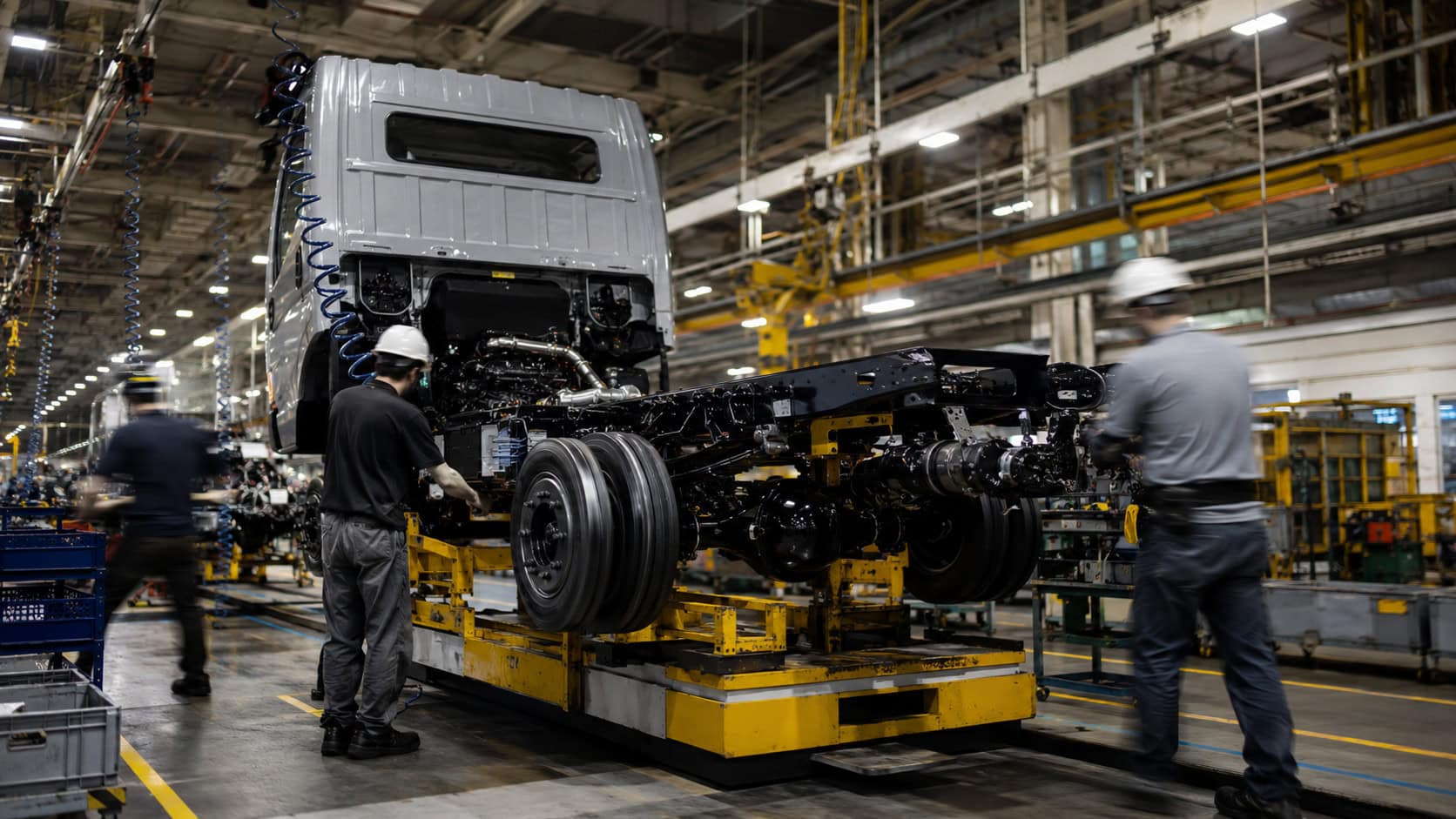 Workers in safety gear assembling a vehicle on a yellow lift rig inside a brightly lit automotive factory.