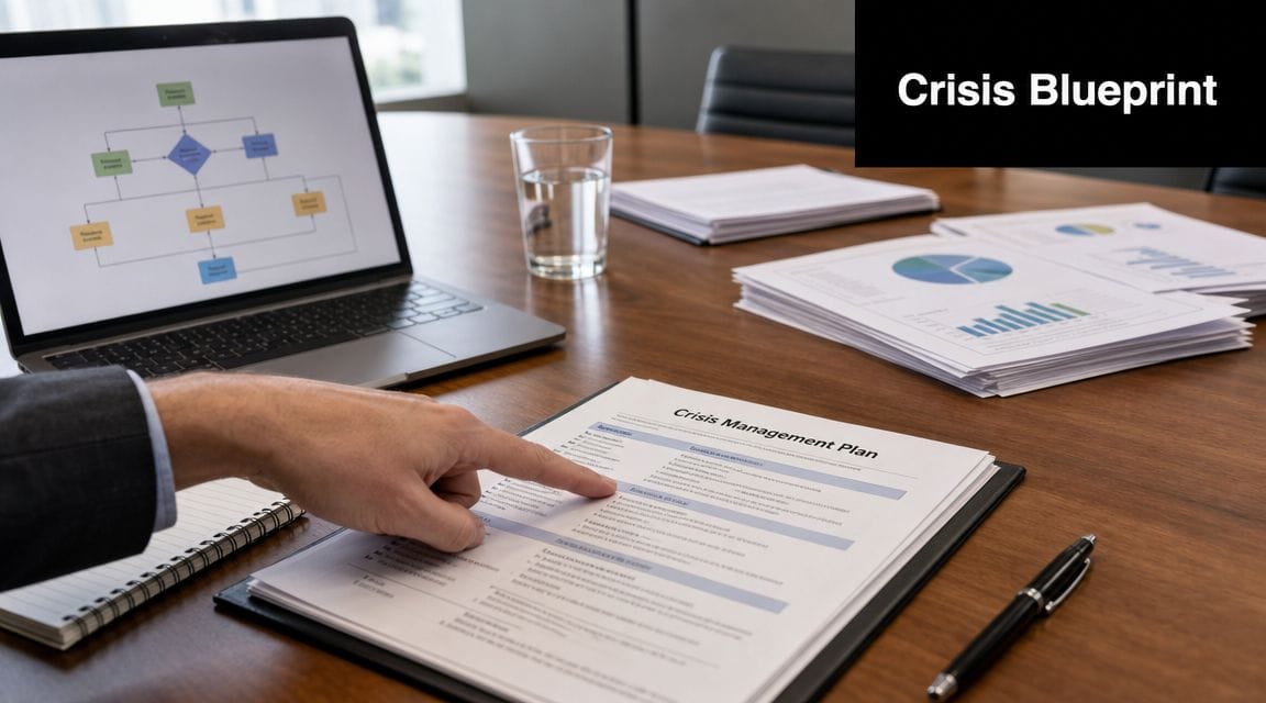 A professional reviewing a crisis management plan document at a desk with a laptop and charts.