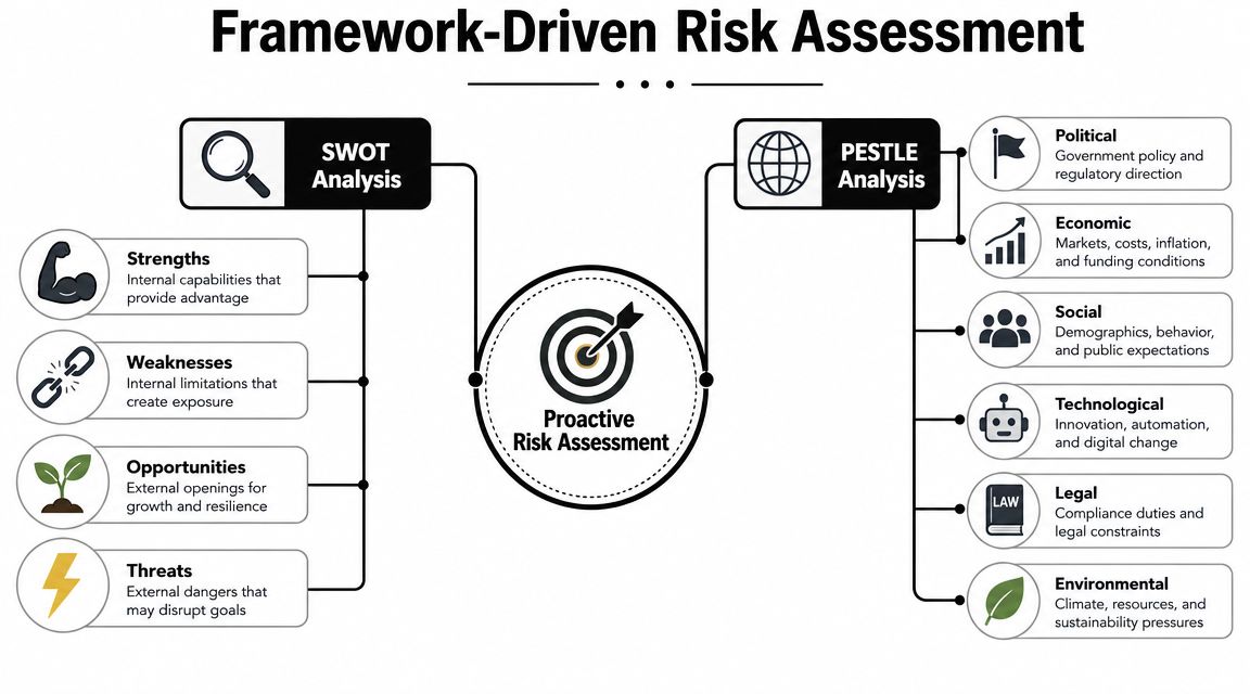 A diagram illustrating a framework-driven risk assessment process utilizing both SWOT and PESTLE analytical methodologies.