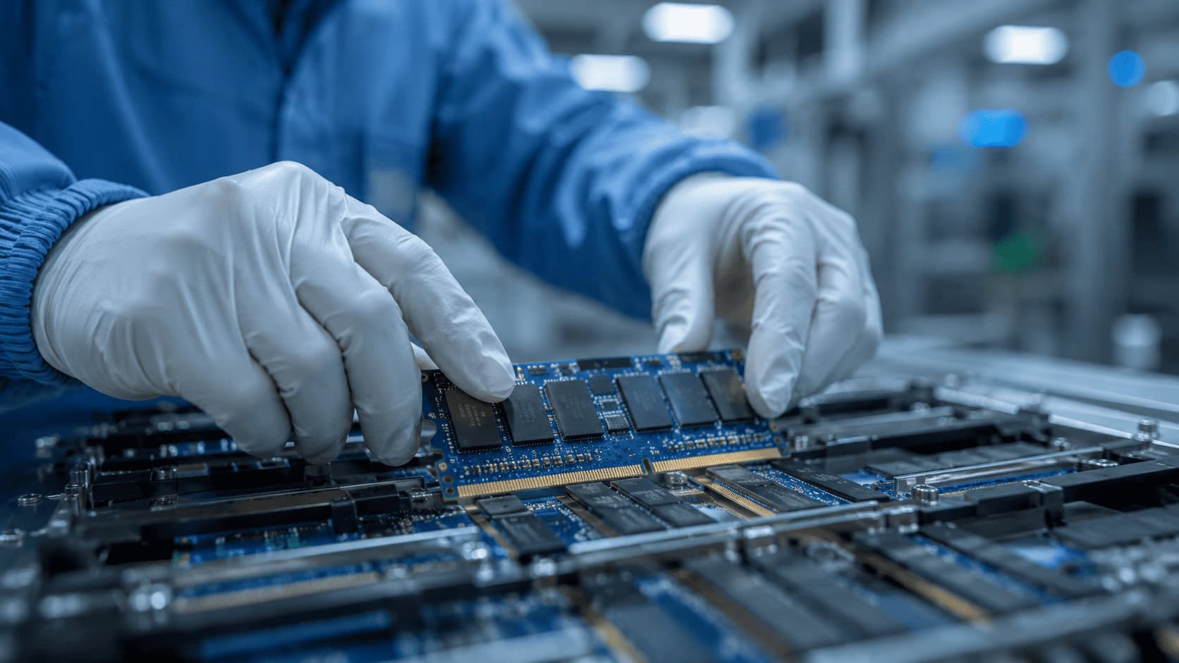 Rows of DRAM memory chip modules on a metallic circuit board inside a semiconductor facility, with one chip in sharp focus and equipment racks blurred behind it.