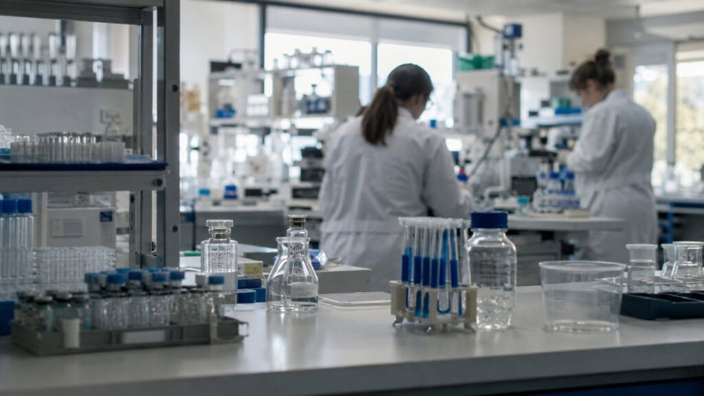 Scientists in white coats working with vaccine vials and equipment in a brightly lit pharmaceutical research laboratory.