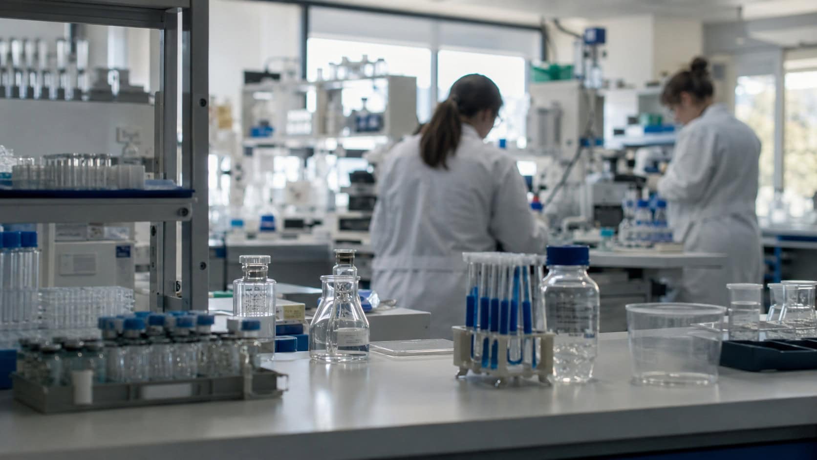 Scientists in white coats working with vaccine vials and equipment in a brightly lit pharmaceutical research laboratory.
