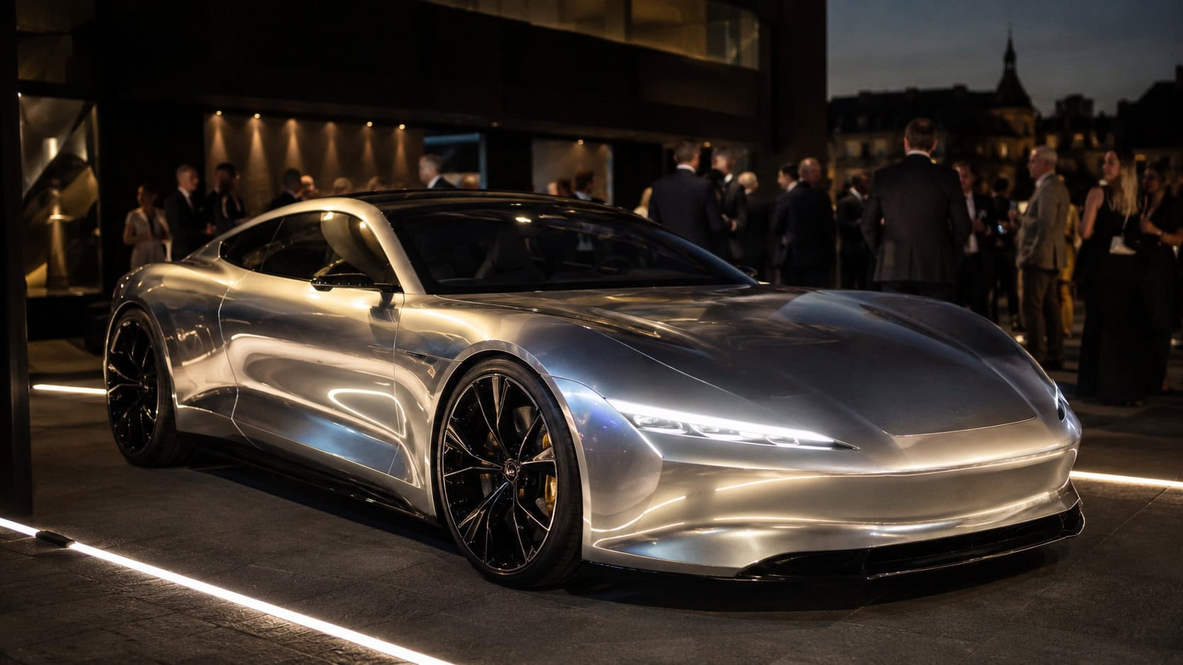 An electric luxury sports car on display under spotlights at an evening unveiling event with blurred attendees in the background.