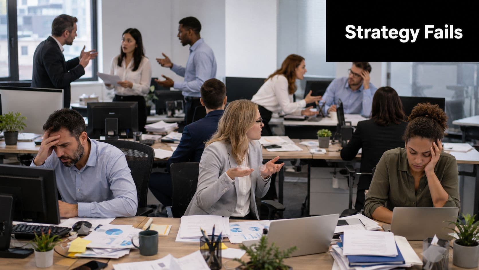 A busy, stressful modern office environment where employees look frustrated and overwhelmed by their complex work tasks.