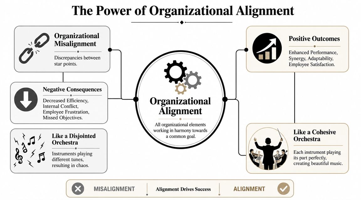 A diagram comparing organizational misalignment with organizational alignment using icons and text descriptions.