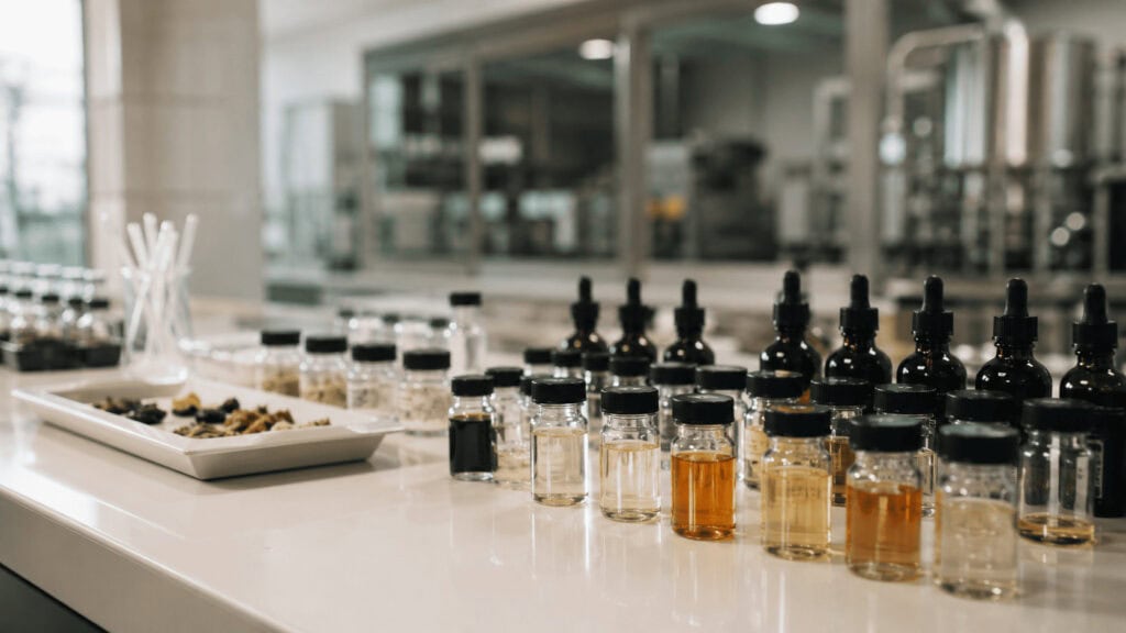 Rows of unlabeled ingredient sample vials and droppers on a white laboratory counter in a food science facility