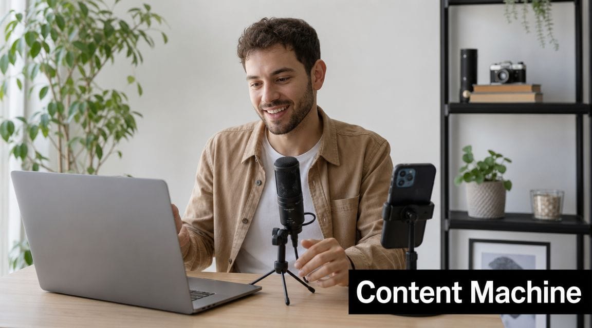 A smiling young man in a beige shirt recording content with a laptop, microphone, and smartphone setup.