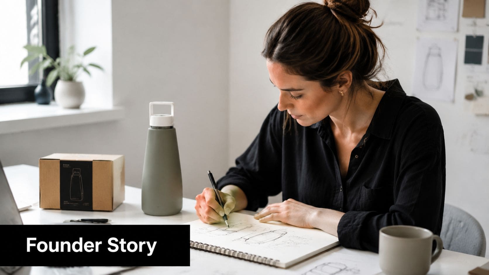 A female designer sketching a new water bottle design in a notebook at her office desk.