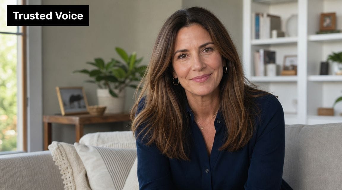 A professional woman posing for an individual branding portrait in a comfortable and well-lit living space.