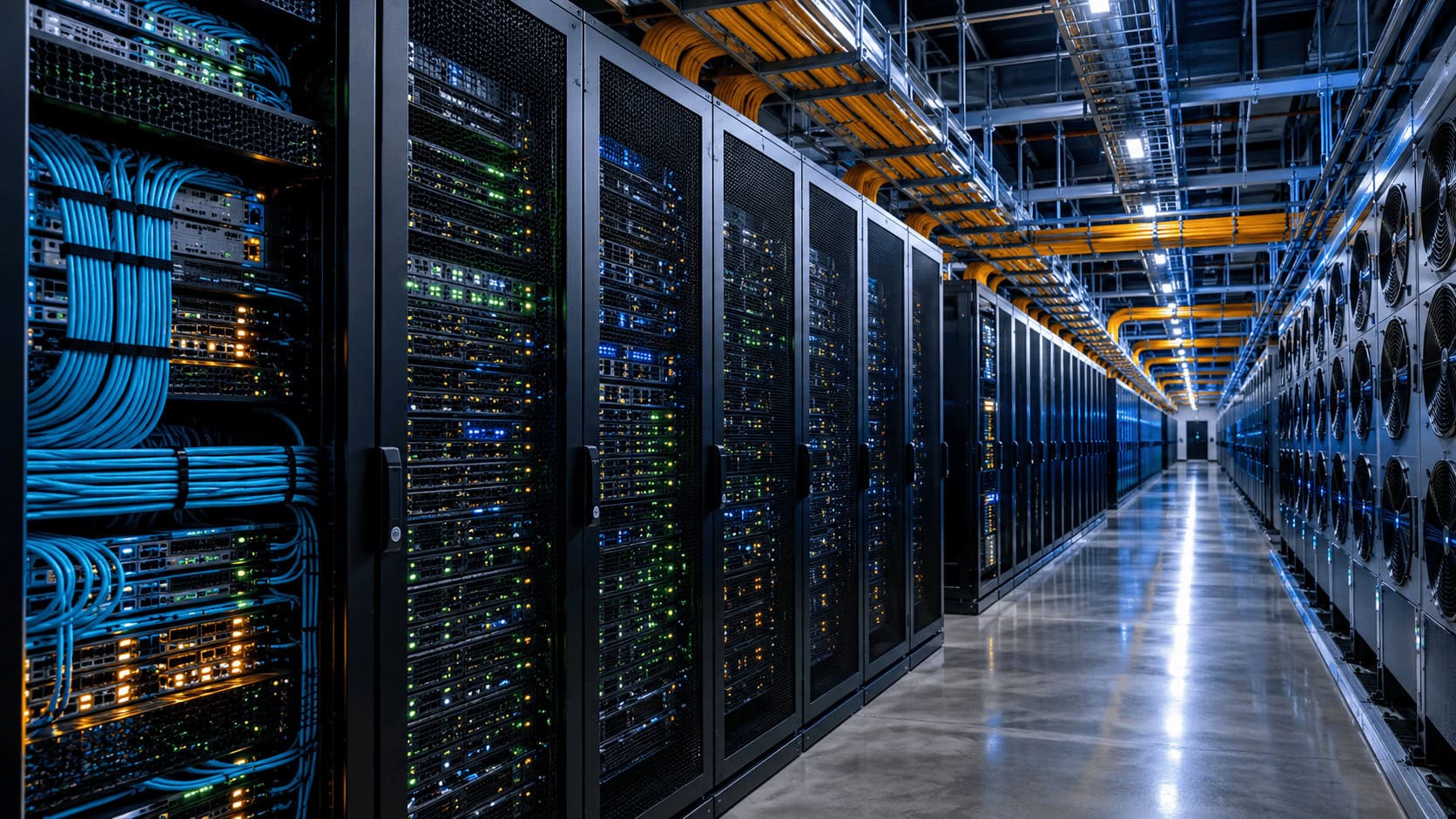 Row of server racks inside a data center with glowing fiber optic cables running between them.