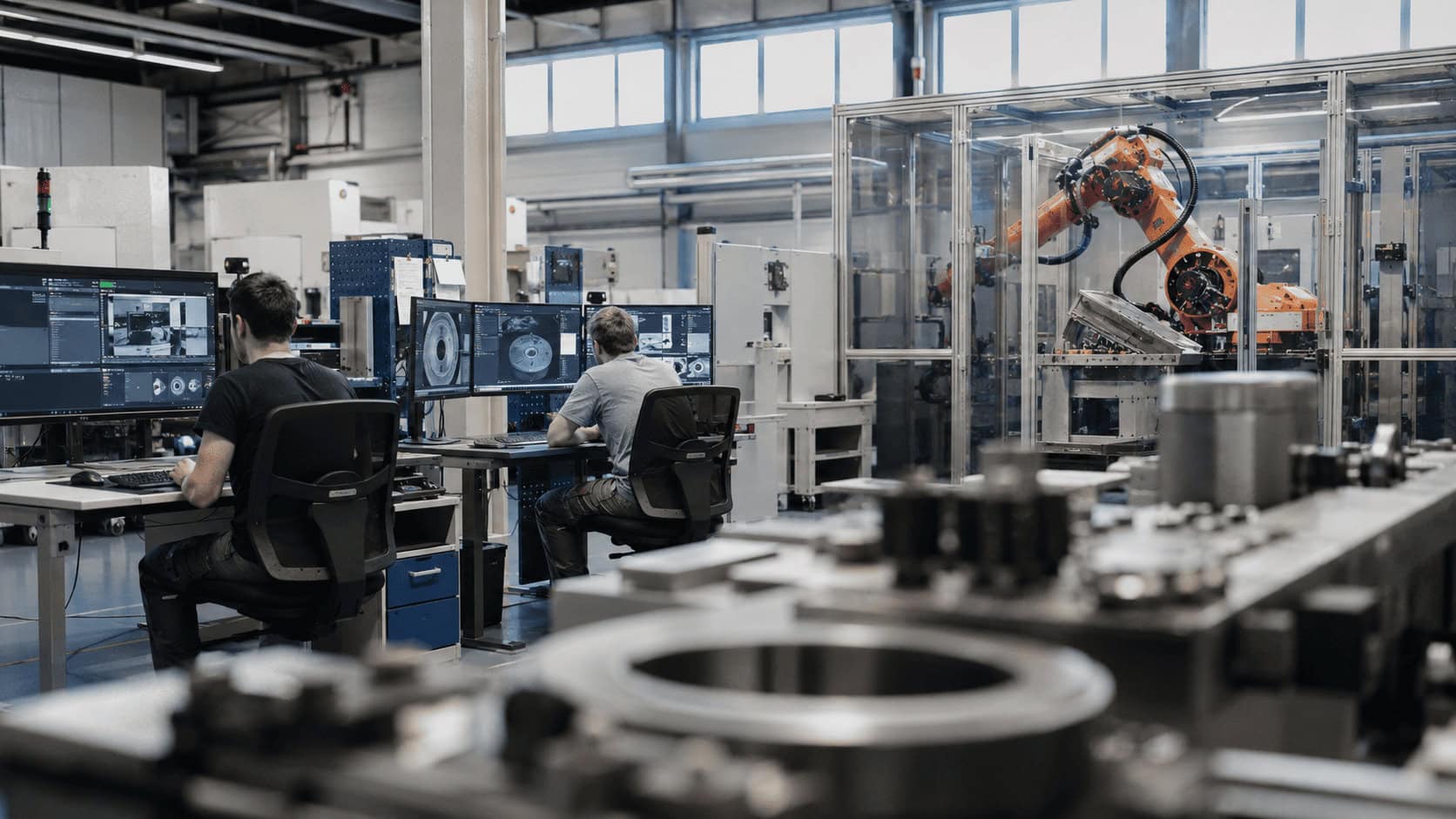 Two factory workers monitoring AI-enhanced quality control screens at workstations next to an orange industrial robotic arm inside a safety enclosure in a modern European manufacturing plant.