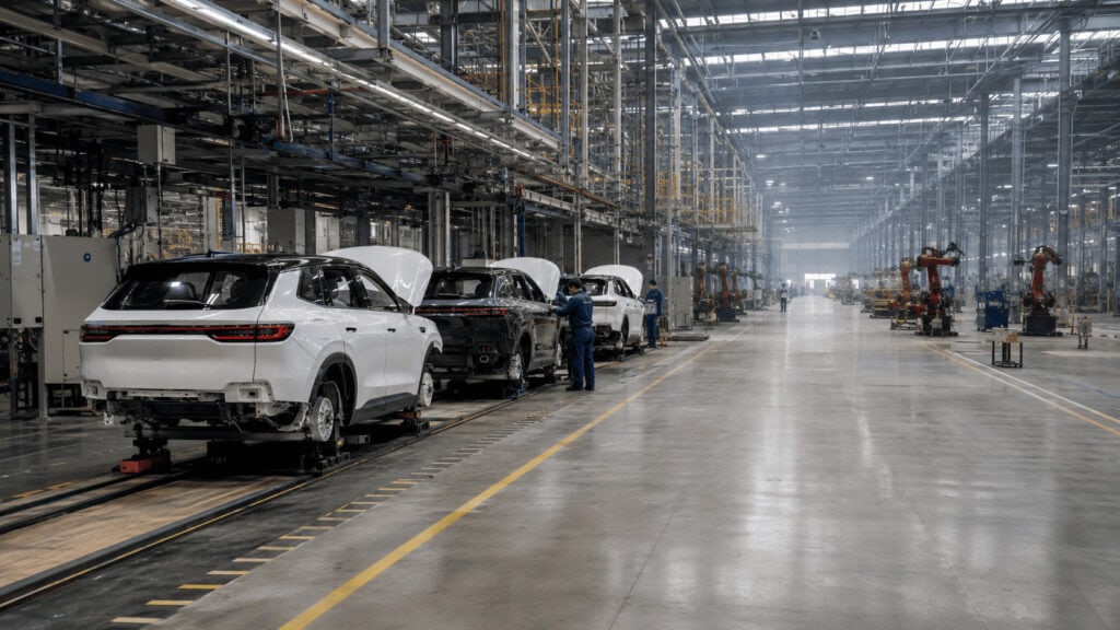 Workers assemble electric vehicles on one active line inside a large, partly empty European car factory with idle production space in the background.