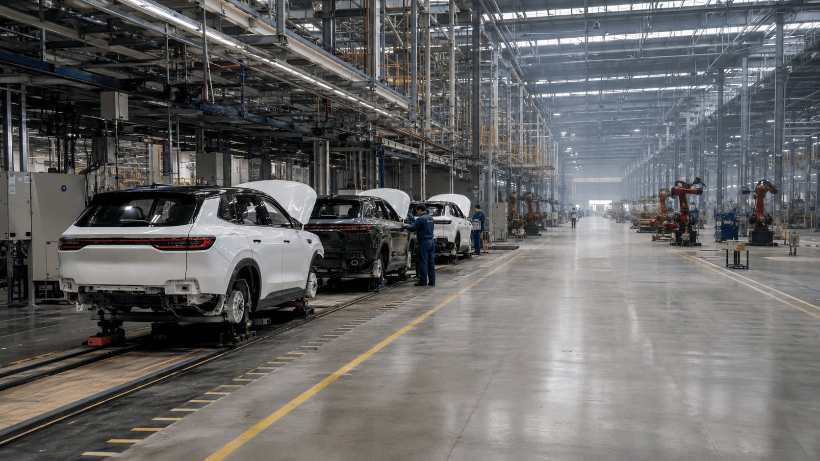 Workers assemble electric vehicles on one active line inside a large, partly empty European car factory with idle production space in the background.