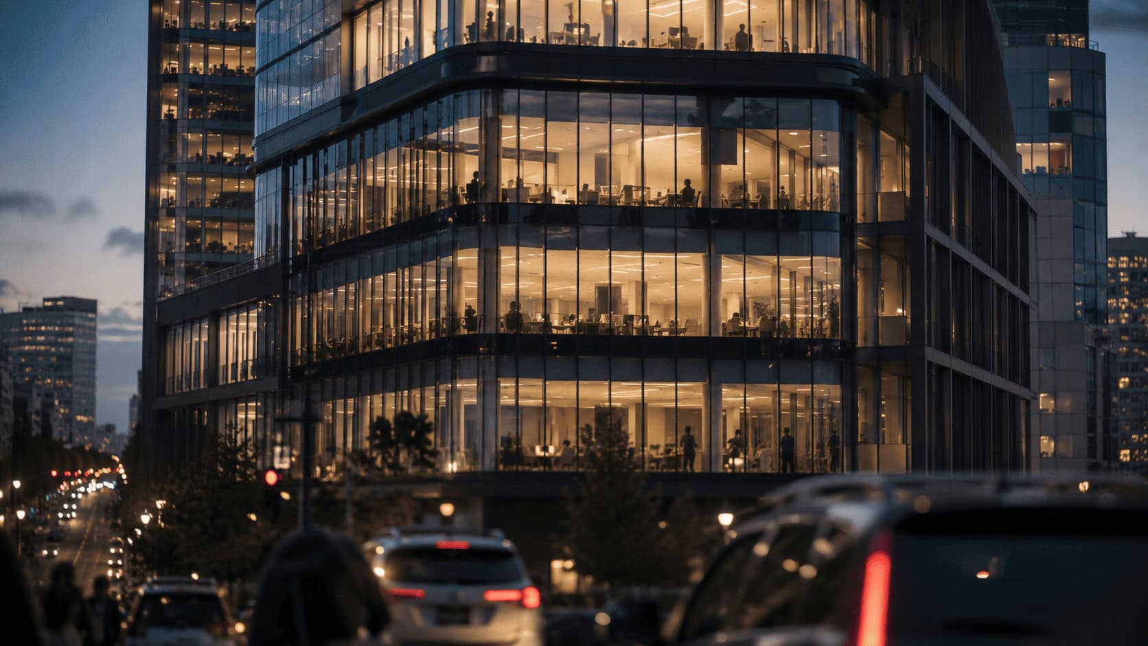 A modern glass tech office tower glowing at dusk with blurred figures working inside, viewed from a quiet city street.