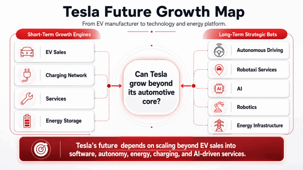 Tesla future growth map comparing short-term growth engines and long-term strategic bets in Tesla in charts