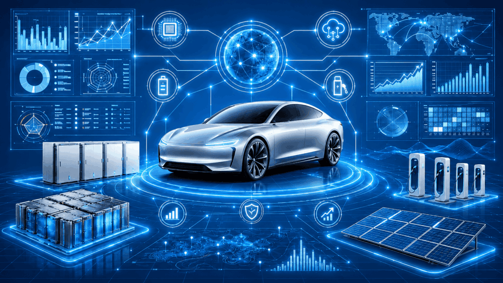 Tesla in charts featured image showing an EV surrounded by data dashboards, energy storage, solar, and charging infrastructure