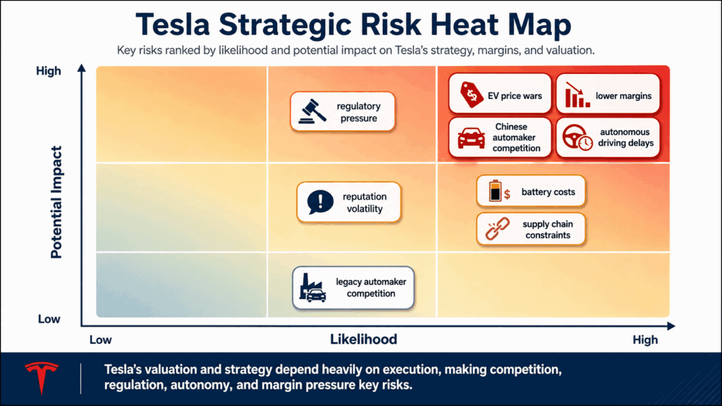 Tesla strategic risk heat map ranking key risks by likelihood and potential impact in Tesla in charts