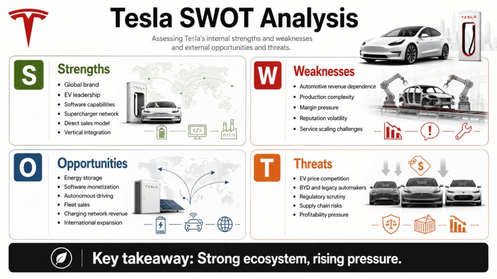 Tesla SWOT analysis chart showing strengths, weaknesses, opportunities, and threats in Tesla in charts