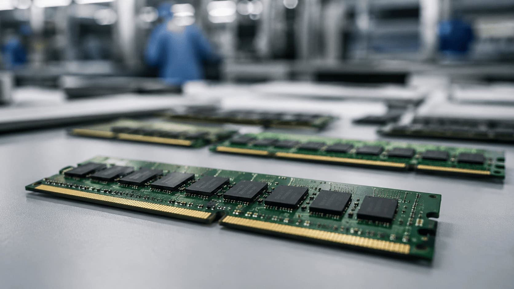 Close-up of memory chip modules and circuit boards on an electronics manufacturing assembly surface under industrial lighting.