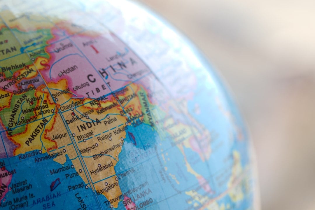 Detailed globe focusing on India and surrounding countries.