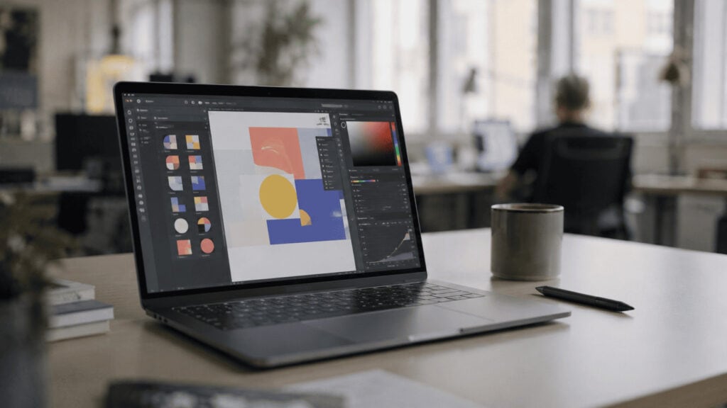 A laptop on a desk displaying a colorful creative-software interface, with a coffee cup and stylus beside it in a softly lit office.