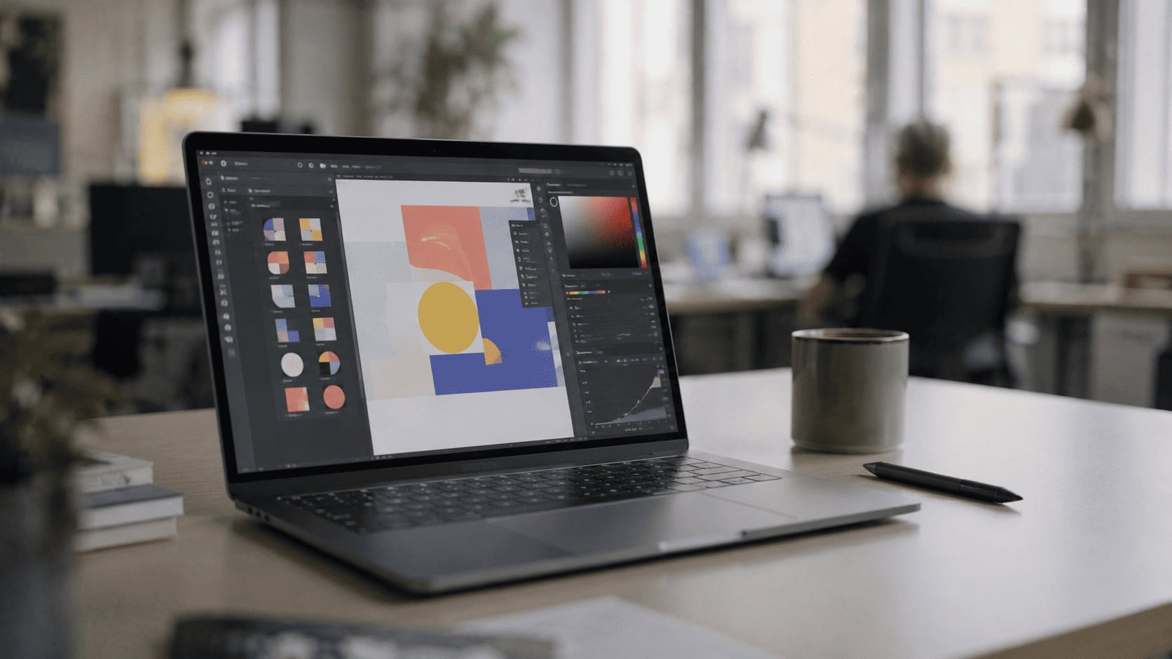 A laptop on a desk displaying a colorful creative-software interface, with a coffee cup and stylus beside it in a softly lit office.