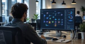 Split office scene showing a person at a desk beside a screen running automated workflows, illustrating AI agents and human employees working side by side.