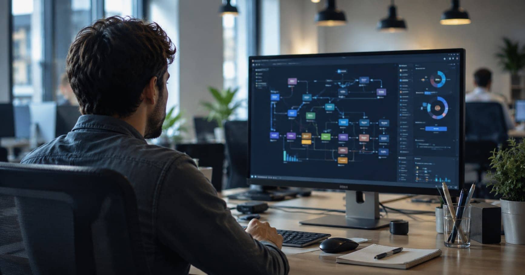 Split office scene showing a person at a desk beside a screen running automated workflows, illustrating AI agents and human employees working side by side.