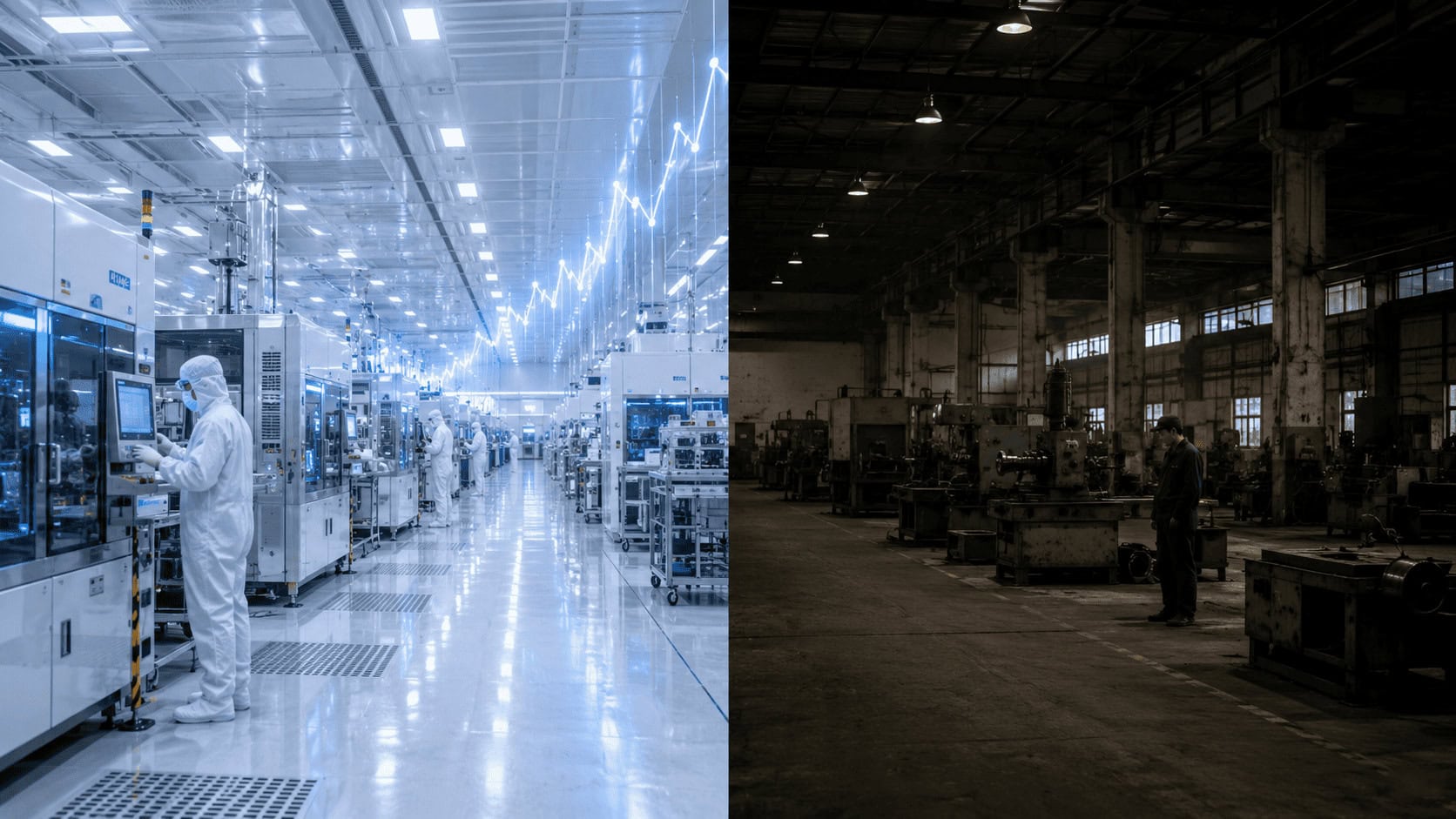 Split image contrasting a high-tech semiconductor cleanroom with an idle traditional factory, illustrating Asia's AI chip wealth divide.