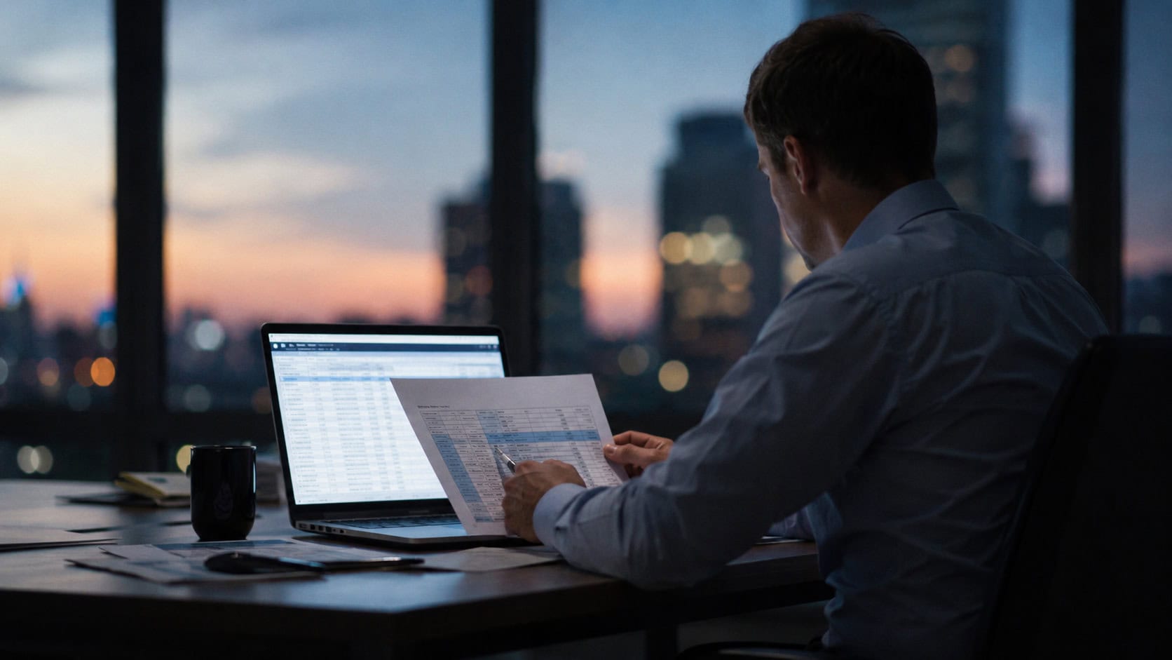 A business professional reviews financial figures on a laptop and printed spreadsheet in a dim office at dusk.