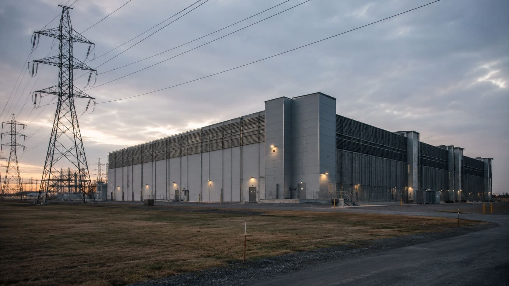 AI data center beside high-voltage transmission lines, illustrating the electricity cost debate