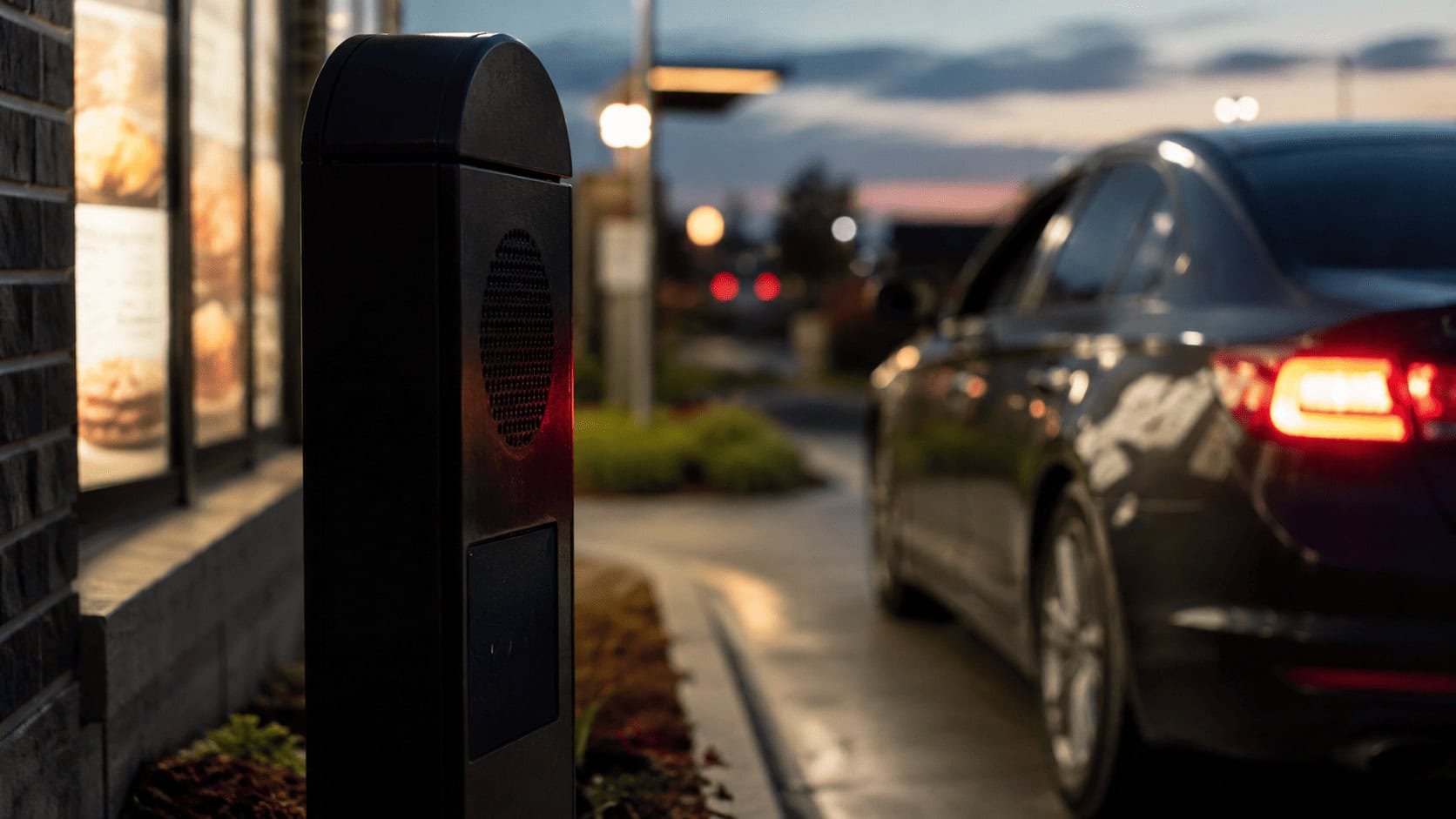 A car stopped at an illuminated fast-food drive-thru menu board and order speaker at dusk.