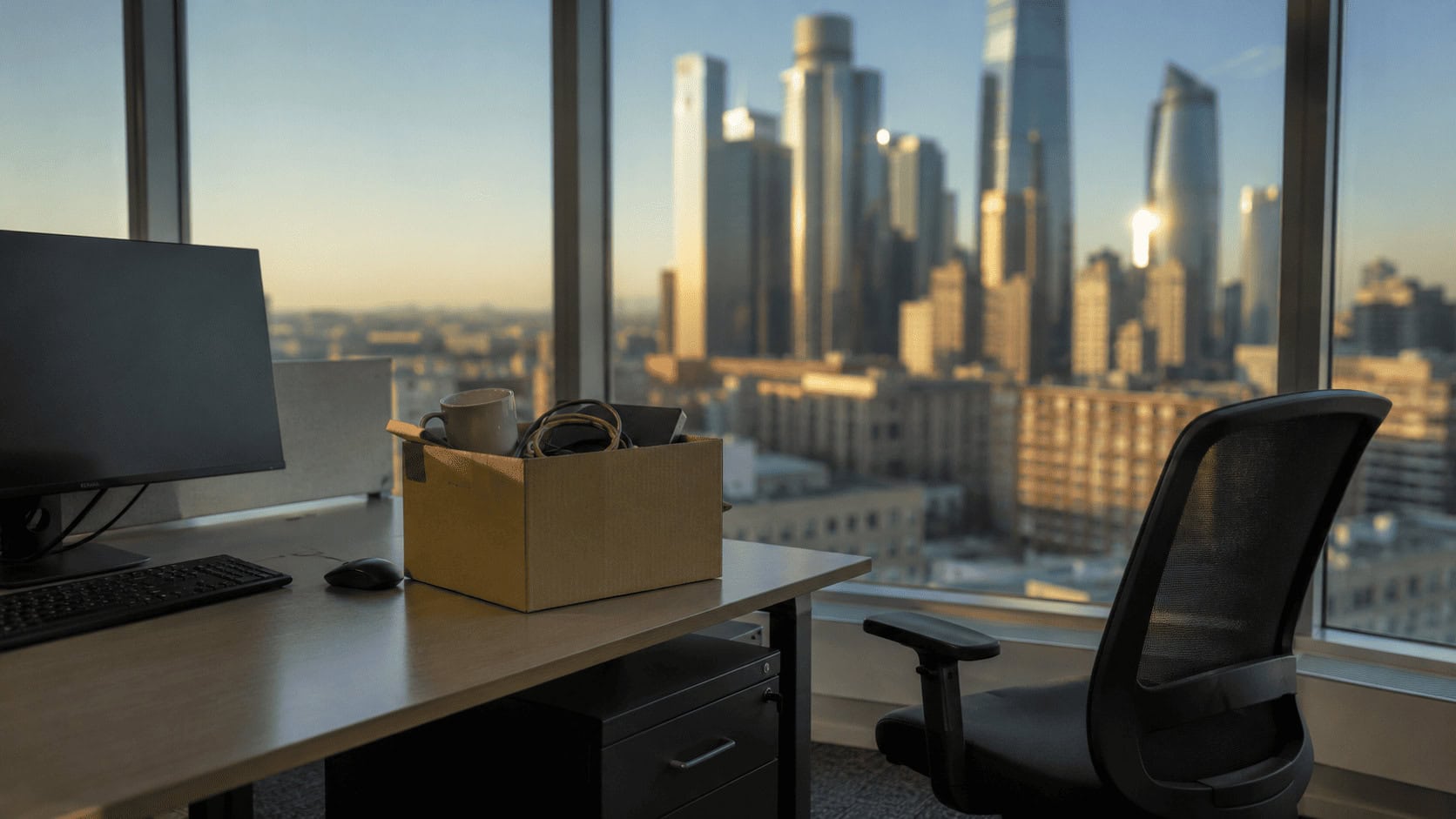 An empty office desk with a half-packed cardboard box beside a large window overlooking a blurred city skyline at dawn.