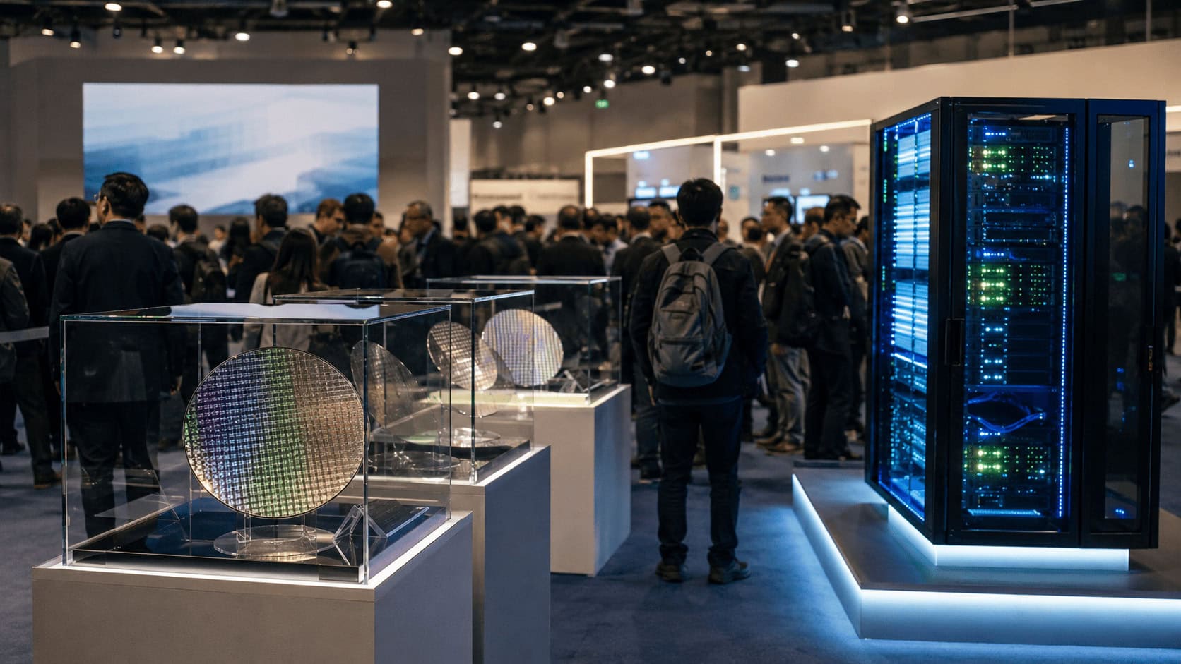 Attendees gather around glass display cases of silicon memory wafers and a server rack at a crowded semiconductor trade show.