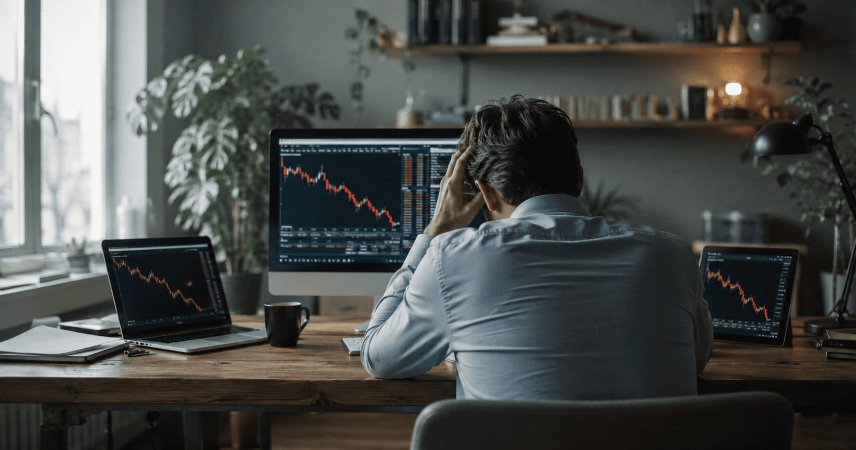Business analyst reviewing stock market decline on multiple screens.