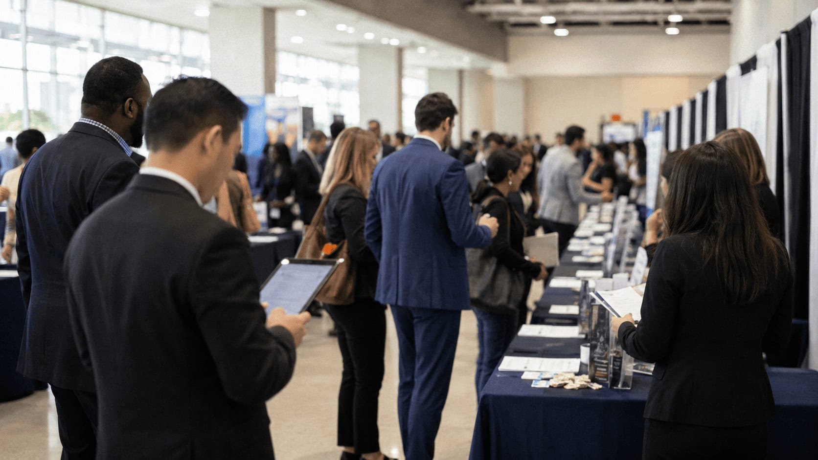 Job seekers in business attire reviewing materials with recruiters at booths inside a busy indoor job fair.
