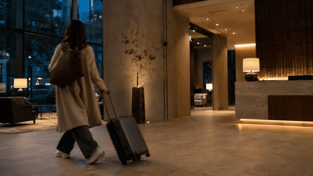 A traveler with a roller suitcase walks through the warmly lit lobby of a modern boutique hotel at dusk.
