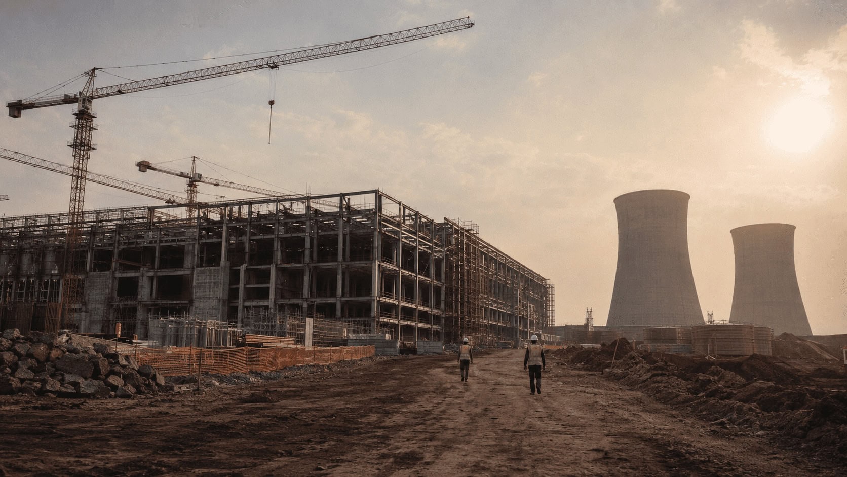 arge data center under construction in India with cranes and steel framework against a hazy sky