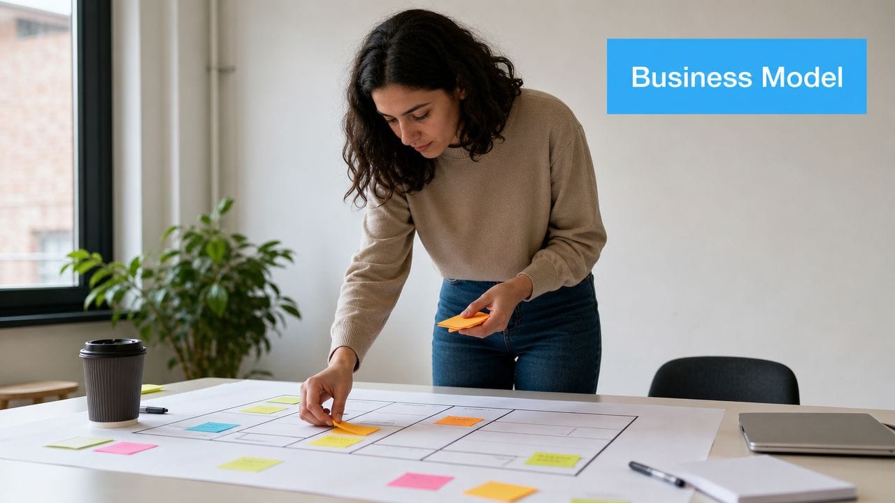 A businesswoman planning a strategy on a whiteboard with sticky notes in a bright office environment.