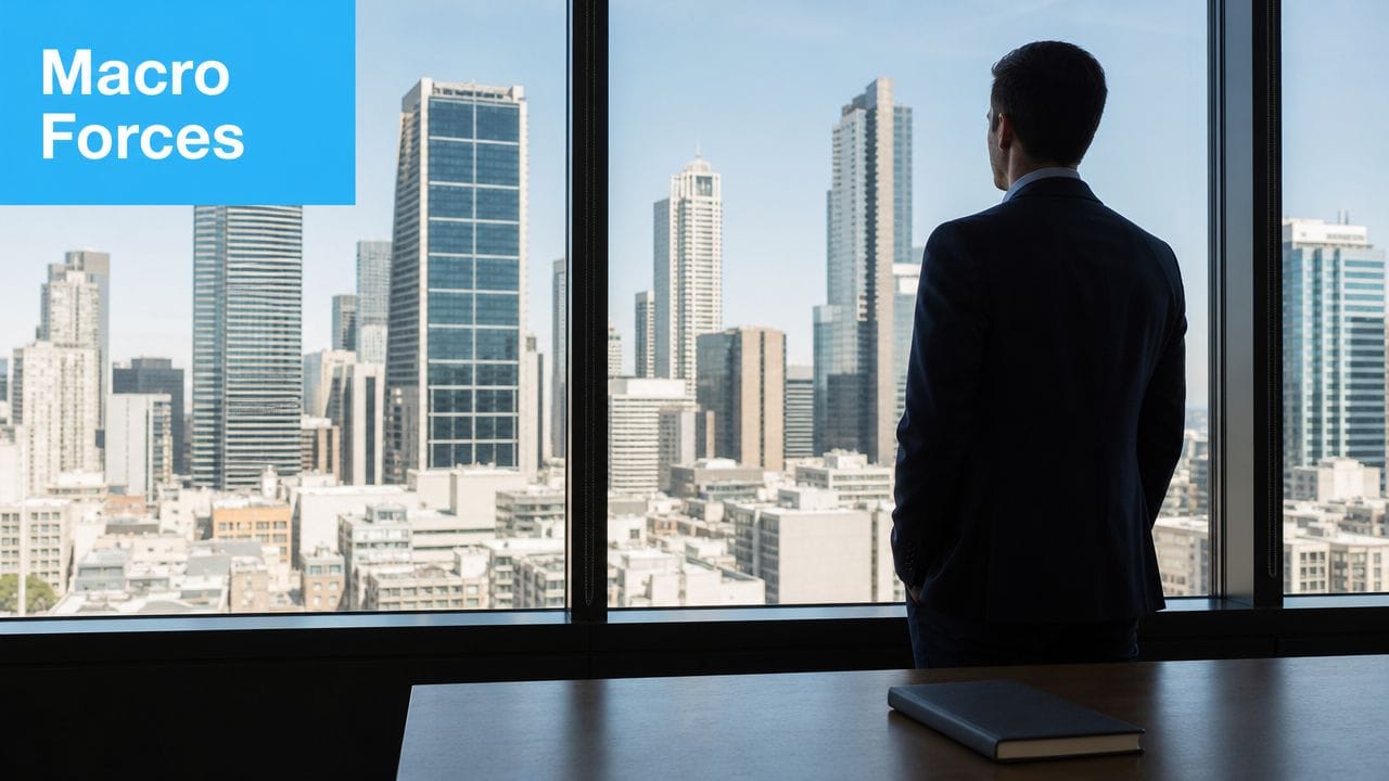 A businessman in a suit looks out of a window at a city skyline.