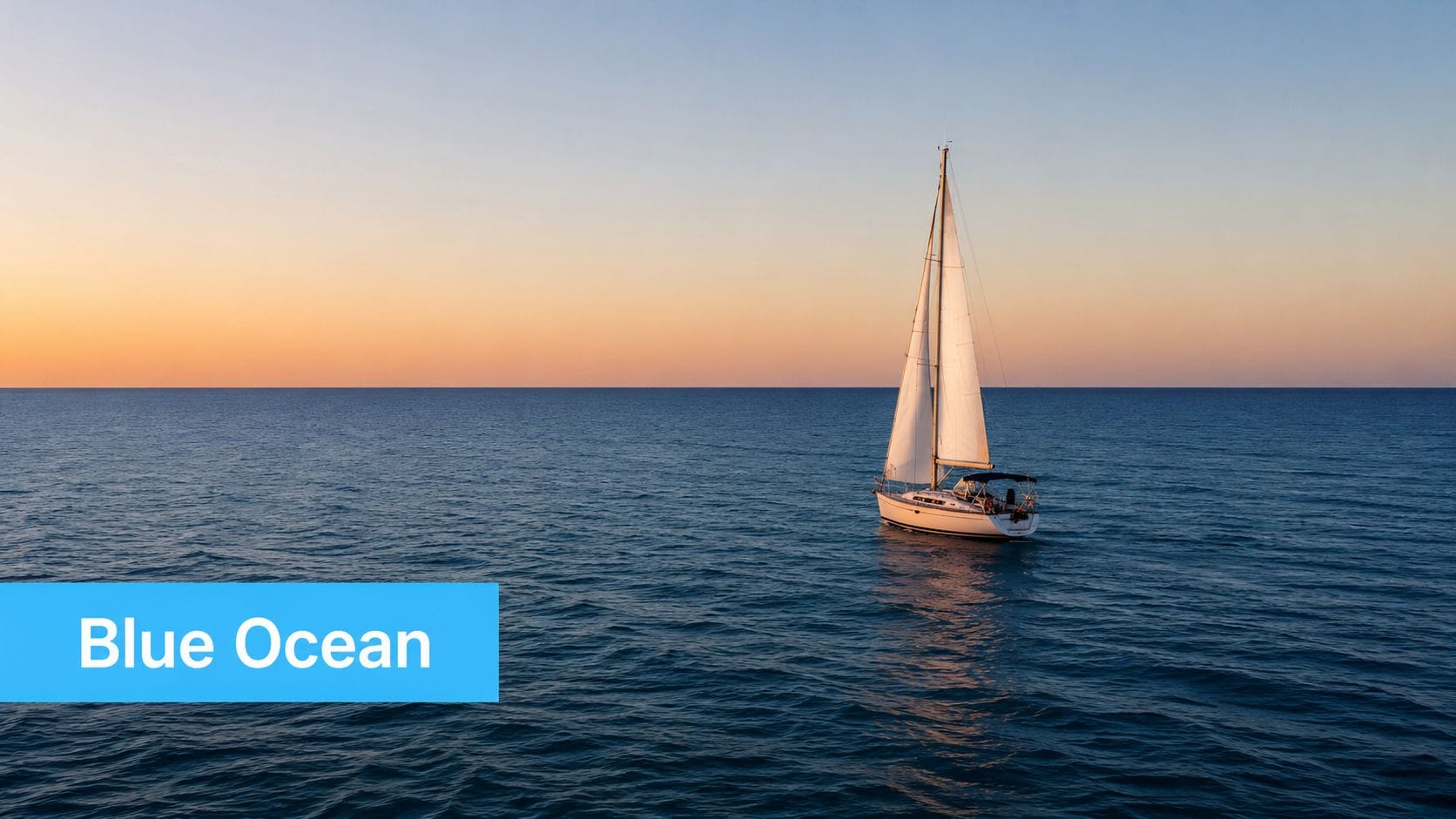 A scenic view of a lone sailboat gliding across calm blue ocean waters during a beautiful sunset
