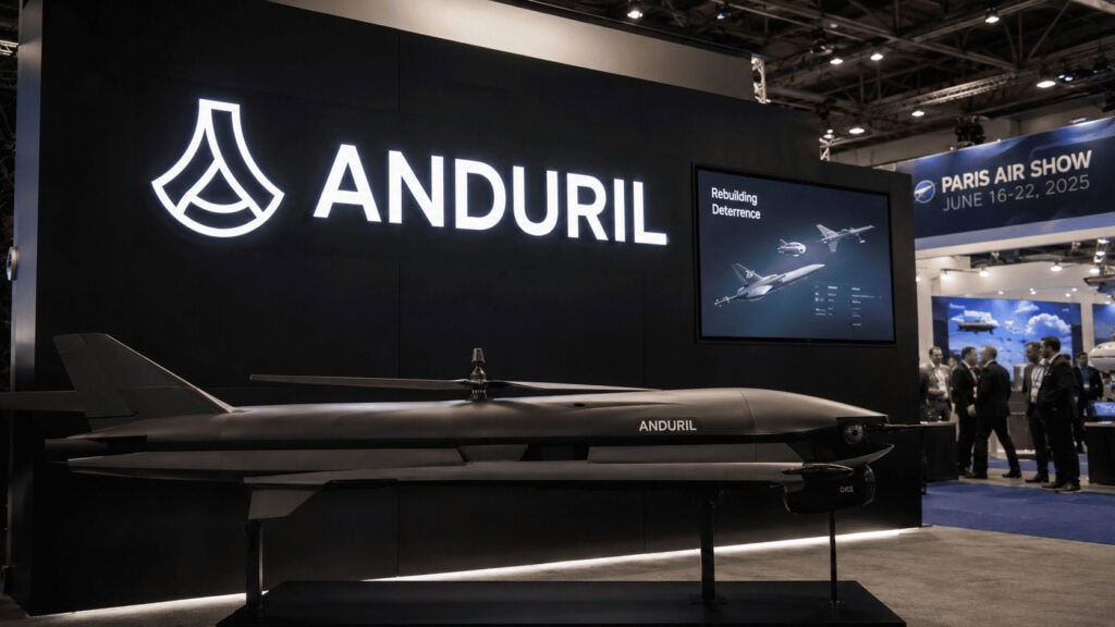 Anduril Industries logo at a defense trade show