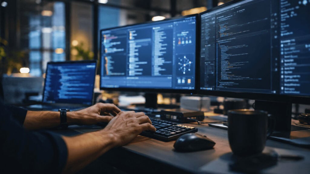A developer's hands typing at a desk with several glowing monitors showing code and data dashboards in a dim office.