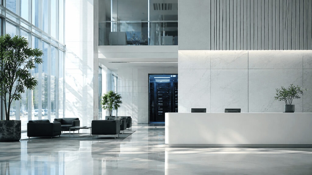 Empty corporate office lobby with a glowing doorway leading to a server room, lit by cool natural light.